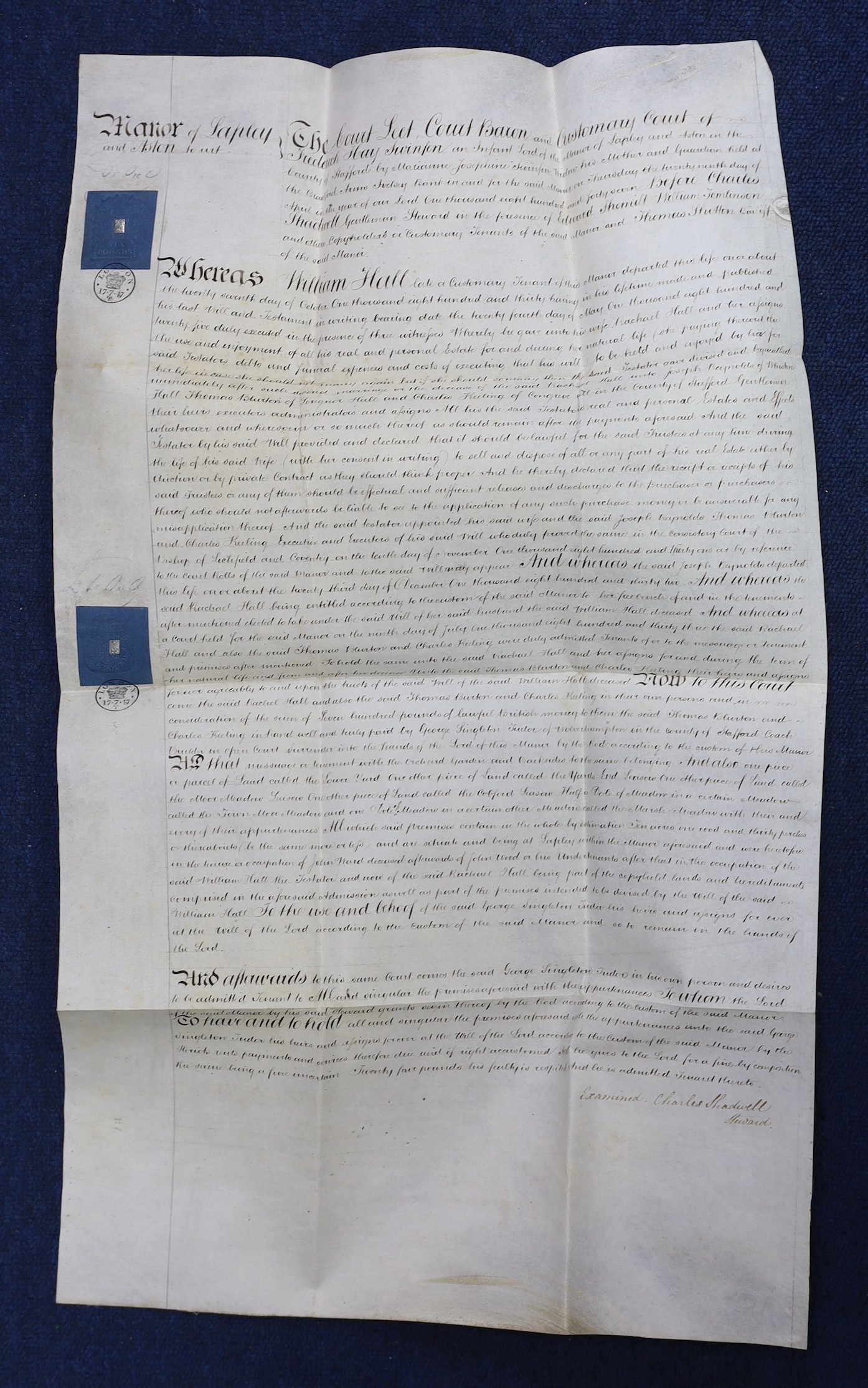 Three 19th legal documents on vellum:-The last will and testament of Thomas Osbourne, 4 leaves, dated 12th November, 1838, 65 x 72cms; Copy of a surrender of a lease, for land in the Manor of Lapley and Aston [Staffordsh